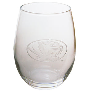 Mizzou Oval Tiger Head Etched Glass Stemless Wine Glass