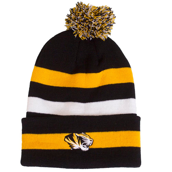 Mizzou Tiger Head Black and Gold Stripe Pom Cuffed Beanie