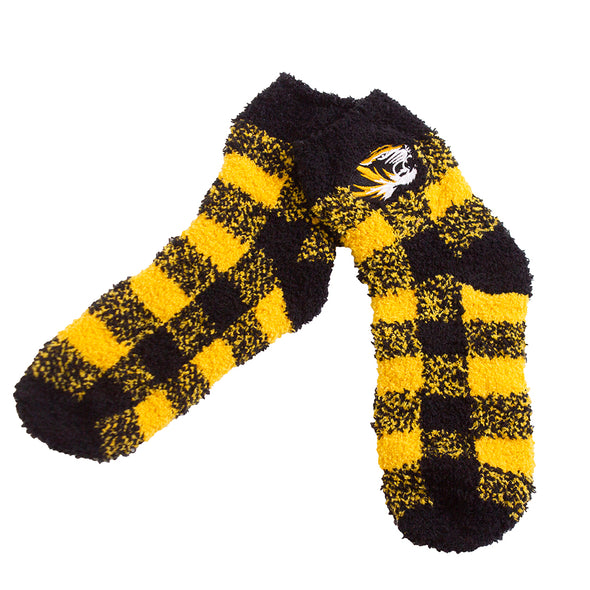 Mizzou Tiger Head Black and Gold Buffalo Plaid Fuzzy Socks