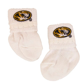 Mizzou Newborn Oval Tiger Head White Booties