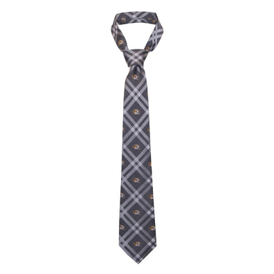 Mizzou Repeating Oval Tiger Heads Grey Plaid Tie