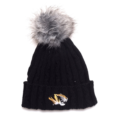 Mizzou Tiger Head Black Cuffed Beanie with Faux Fur Pom