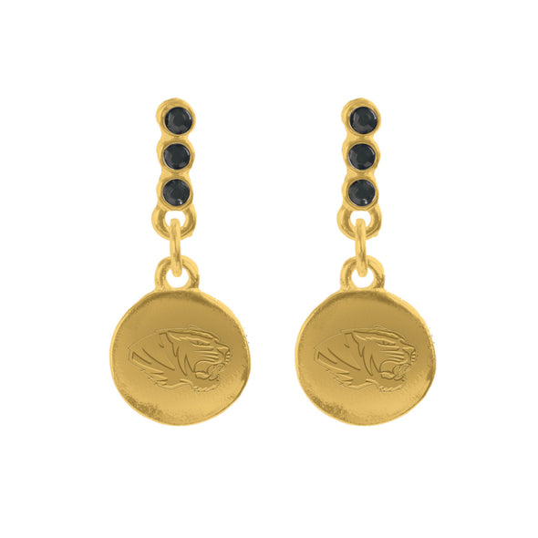 Mizzou Tiger Head Black and Gold Drop Earrings