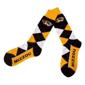 Mizzou Tiger Head Black and Gold Argyle Socks