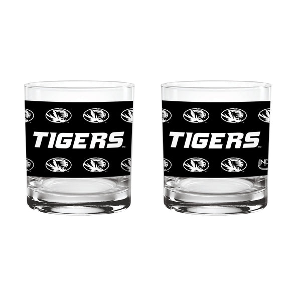 Mizzou Tigers Oval Tiger Heads Knockout Black Rocks Glass