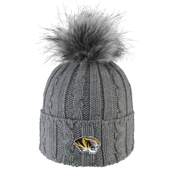 Mizzou  Tiger Head Women's Cable Knit Cuff Faux Fur Pom Grey Beanie