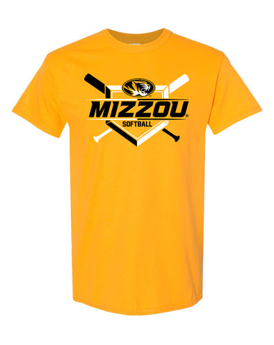 Mizzou Tigers 2023 Oval Tiger Head Crossed Bats Gold Softball T-Shirt