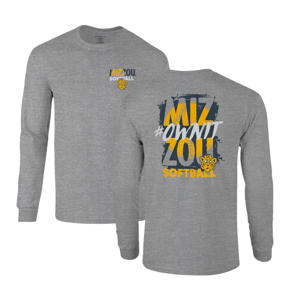 Mizzou Tigers Softball MIZ ZOU #OWNIT Beanie Tiger Grey Long Sleeve T-Shirt