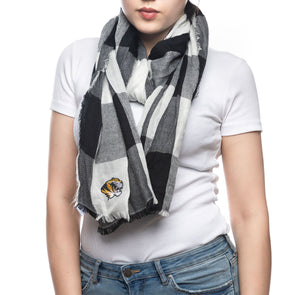 Mizzou Tiger Head Black and White Buffalo Plaid Scarf